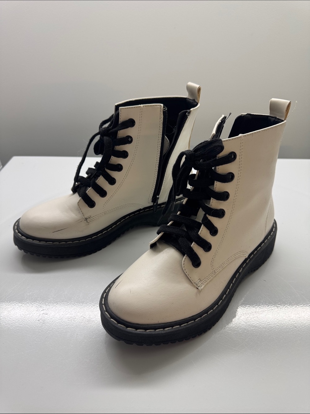 Madden Girl Cream Lace-Up Ankle Combat Boots with Black Laces